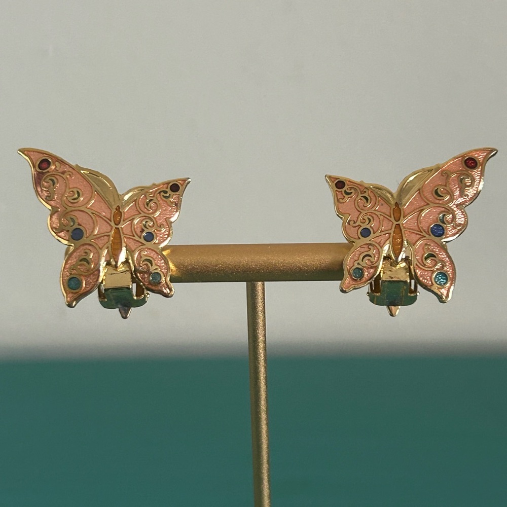 Vintage Cloisonne Enamal Butterfly Clip On Earrings with Pink and Gold Accents